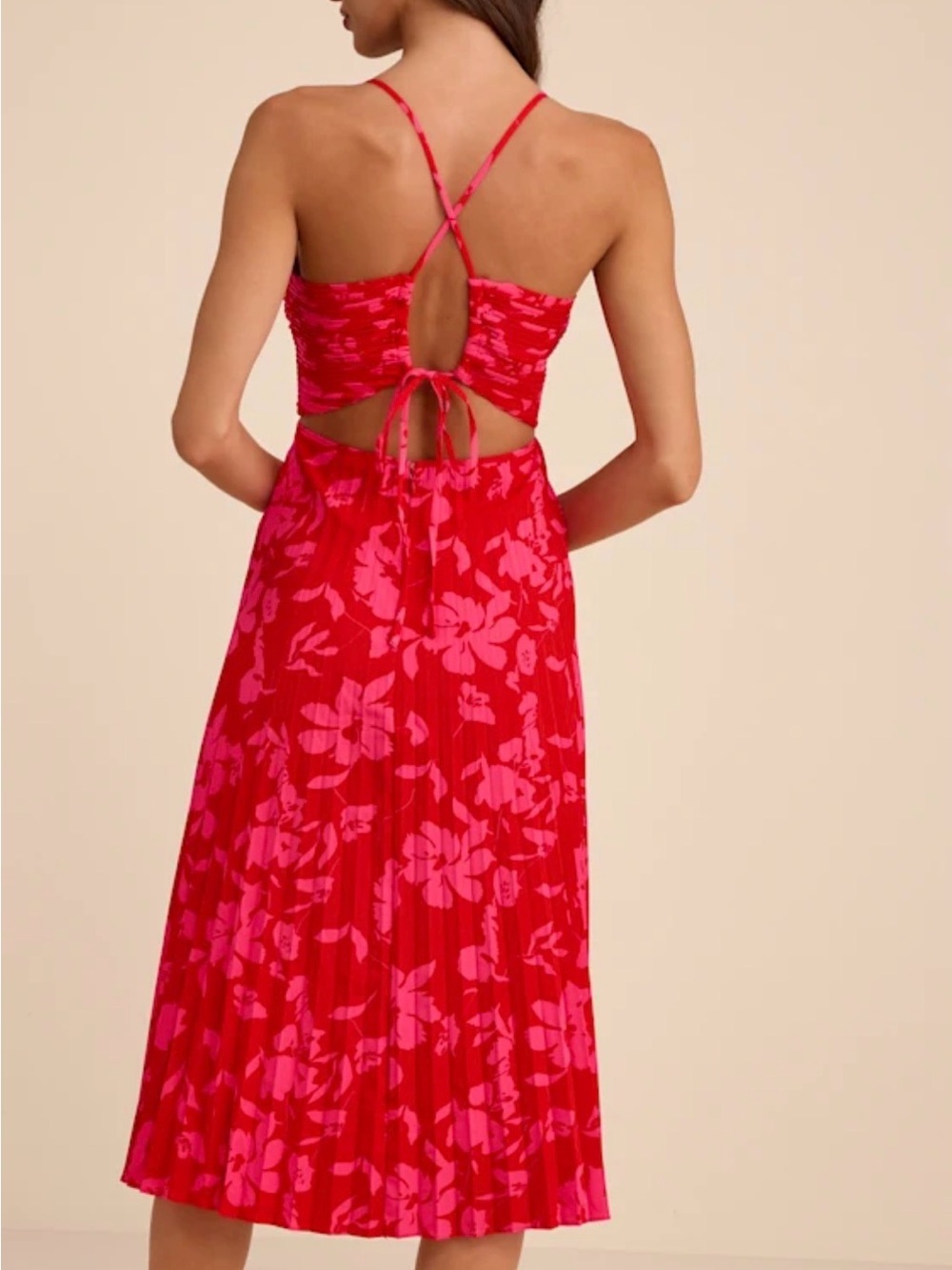 Lulu's Red and Pink Floral Pleated Midi Dress - Picture 2 of 5